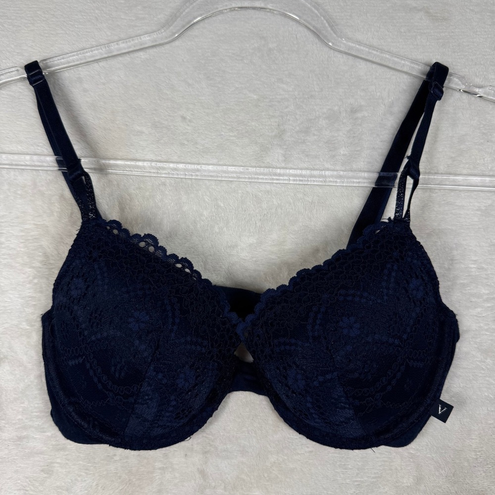 Victorias Secret Navy Blue Floral Lace Demi Bra Underwire Adjustable 32D